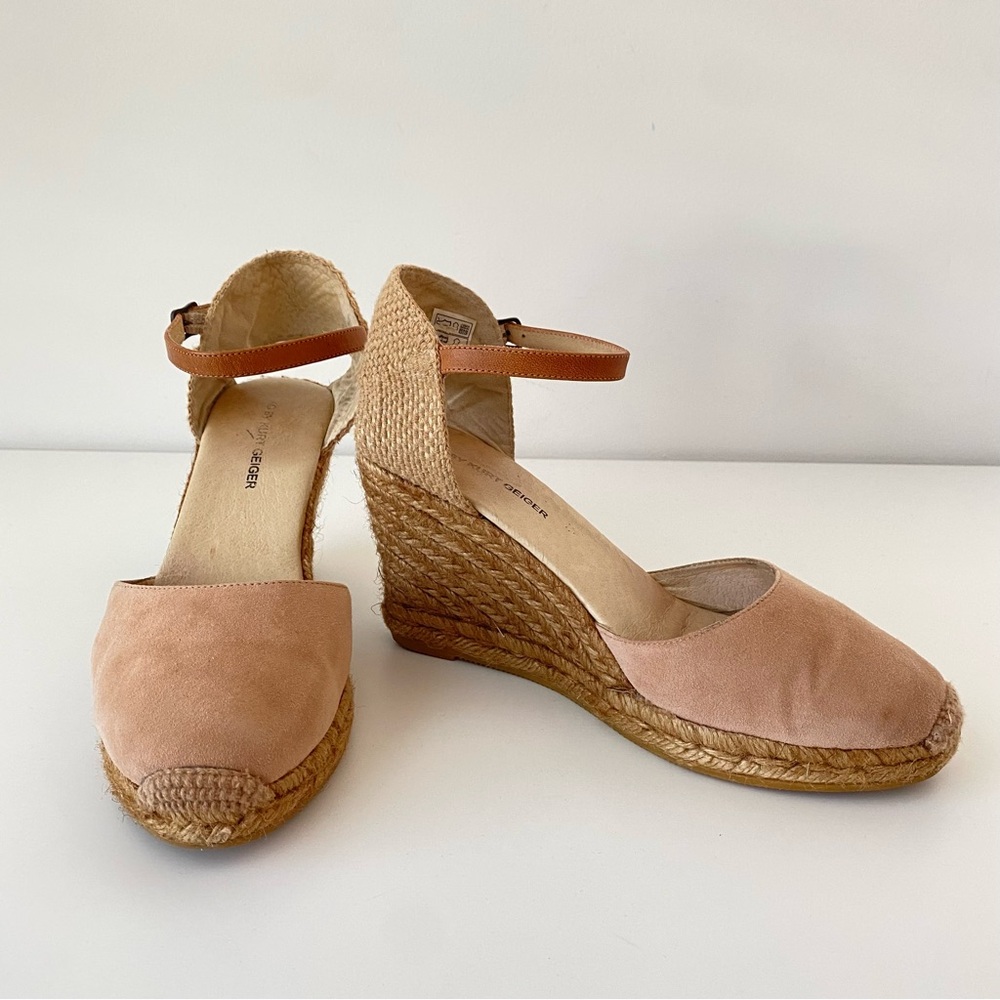 Kurt Geiger Wedge Heel Ankle Strap Dusty Pink Suede Espadrilles Size 38/7.5 GUC - Picture 2 of 13